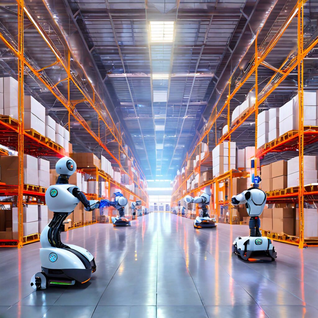 Robot in un magazzino del futuro - immagine generata da intelligenza artificiale